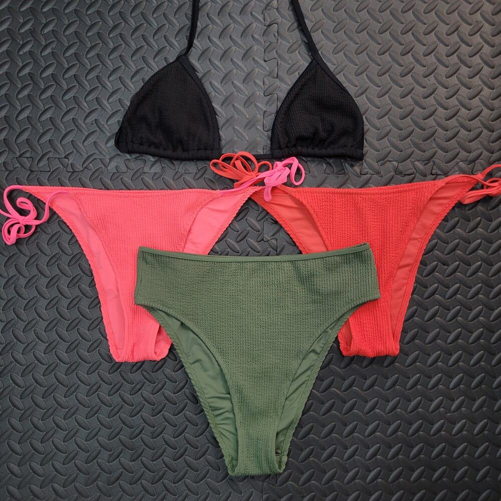 Aerie Bikini Bundle L Triangle Top 3 Bottoms Cheeky High Cut Black Pink Green